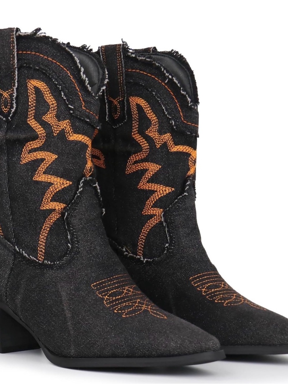 Black Denim Western Ankle Boots with Orange Embroidery